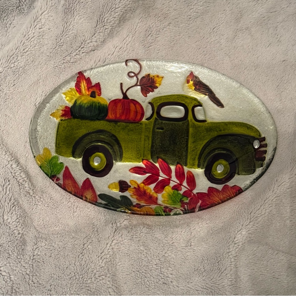 Decorative Fall‎ Green Antique Truck Birds Glass Plate